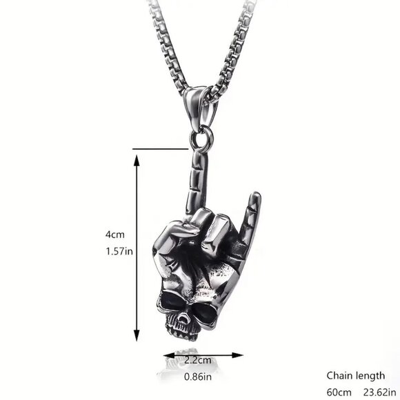 Necklace Hand Punk Edgy Rock Skull Pendant Gesture Metal Stainless Chain Trendy - Picture 5 of 5